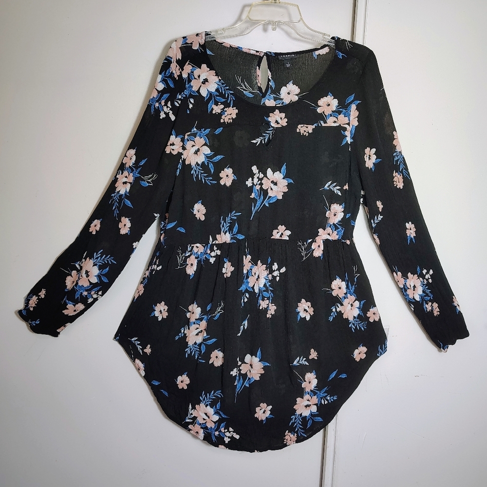 Torrid black floral blouse asymmetrical long sleeve elasticated waist rayon 1. - Picture 2 of 15